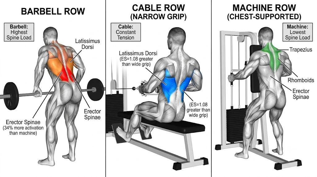 Anatomy comparison of barbell row, cable row and machine row exercises