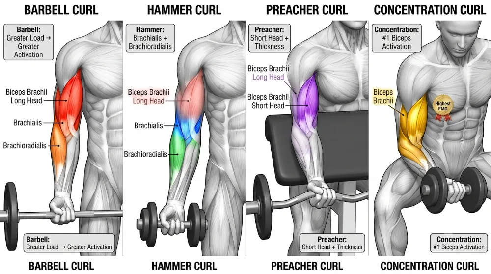 Arm muscle anatomy involved in biceps curl variations