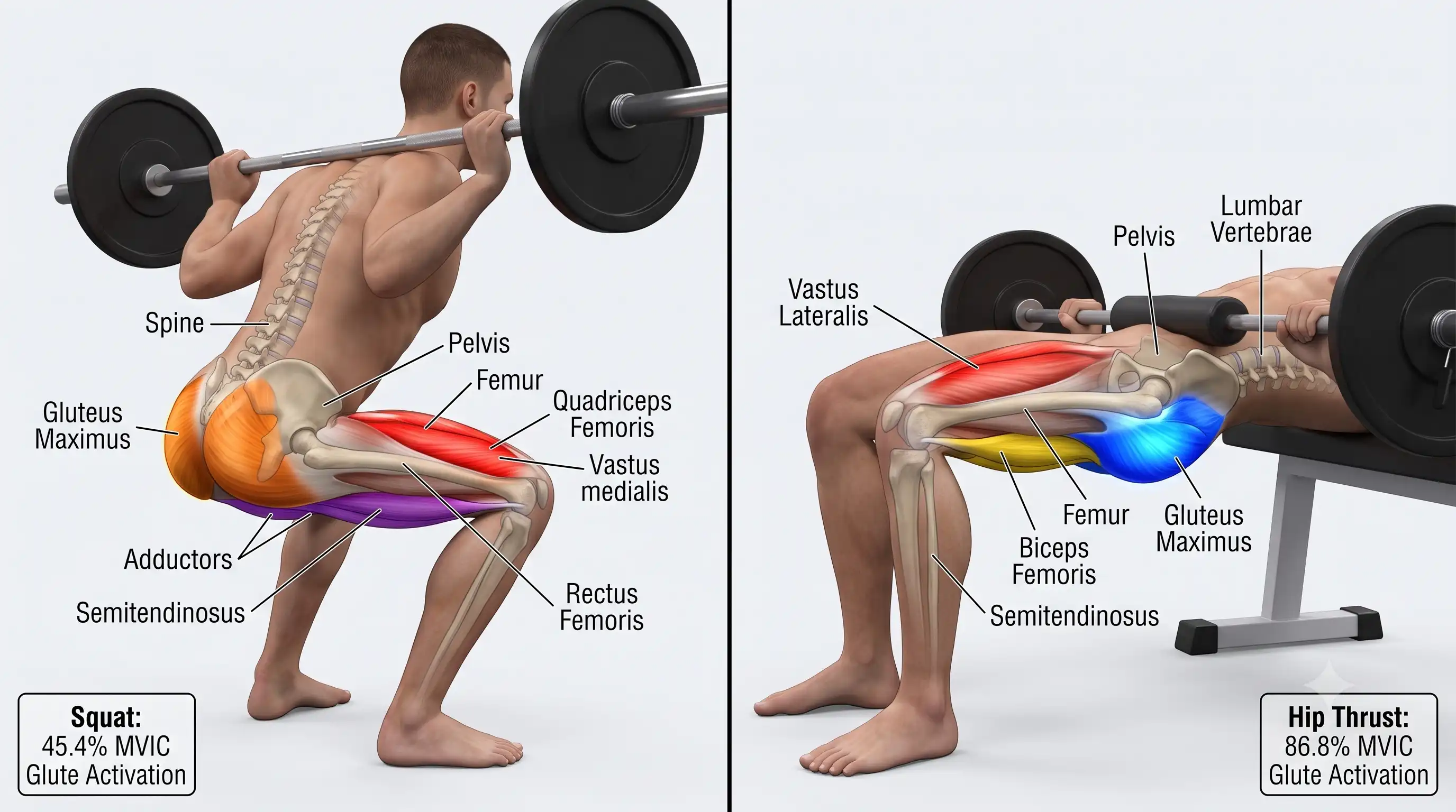 Hip Thrust vs Squat comparison for glute development
