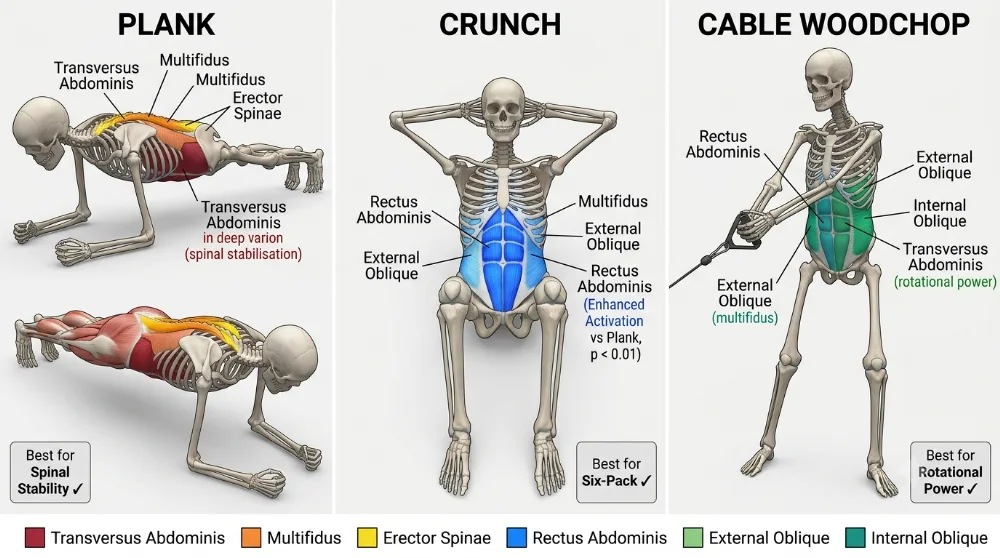 Core muscle anatomy showing rectus abdominis, obliques, transversus abdominis and erector spinae