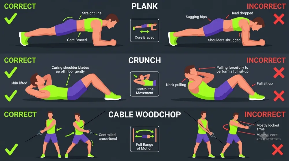 Correct form for plank and crunch exercises