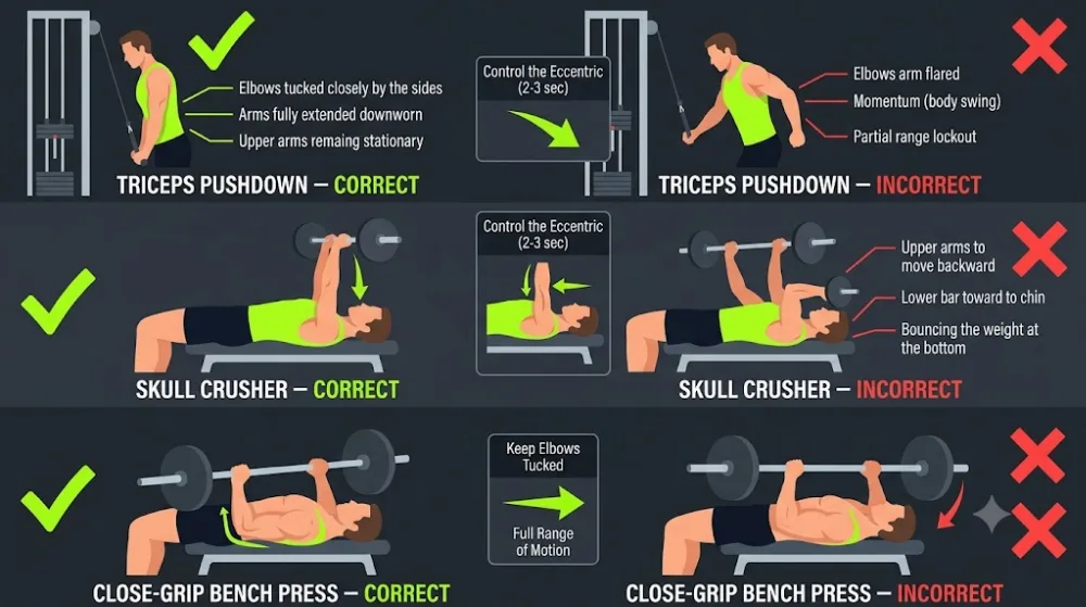 Correct form for close-grip bench press and skull crusher