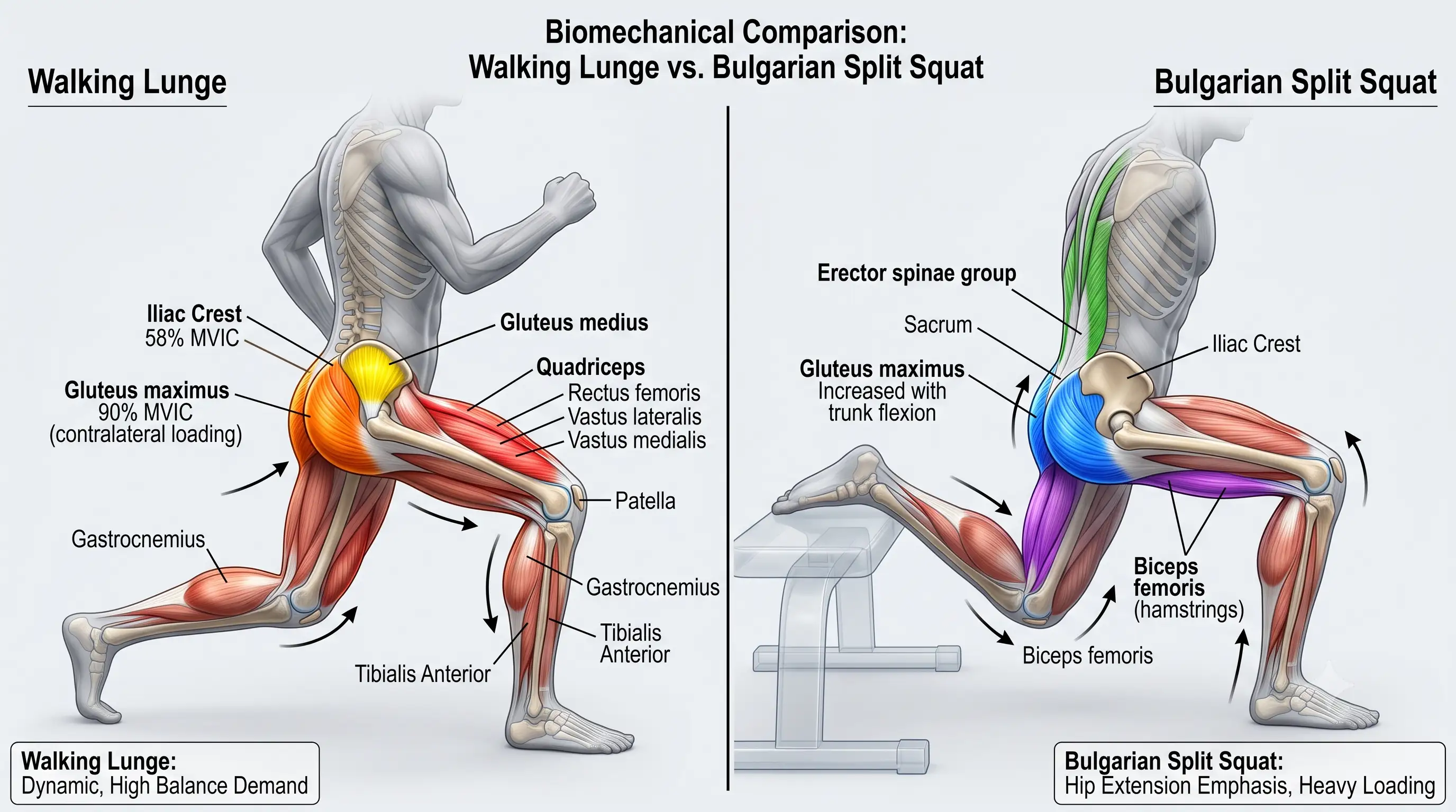 Anatomy comparison of Walking Lunges and Bulgarian Split Squats
